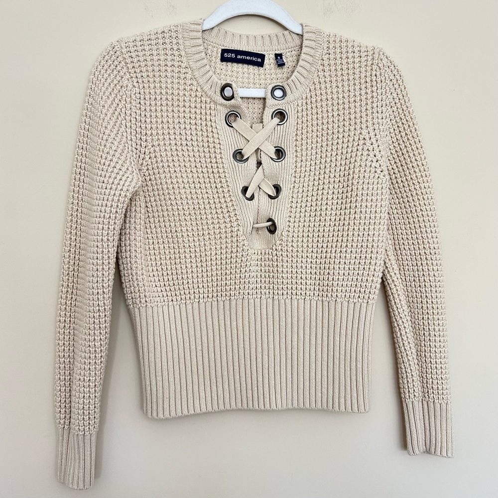 525 America Women’s Lace-Up Waffle Knit Ribbed Merino Wool Pullover Sweater